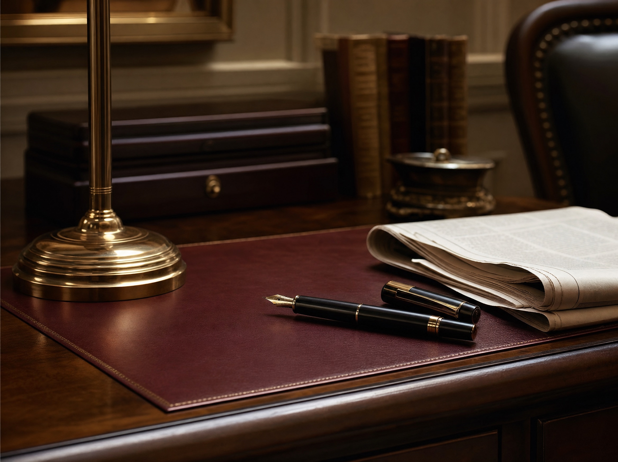 A partner's desk, lamp lit